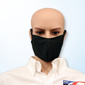 Front view of a reusable 2-ply black face mask with over ear loops