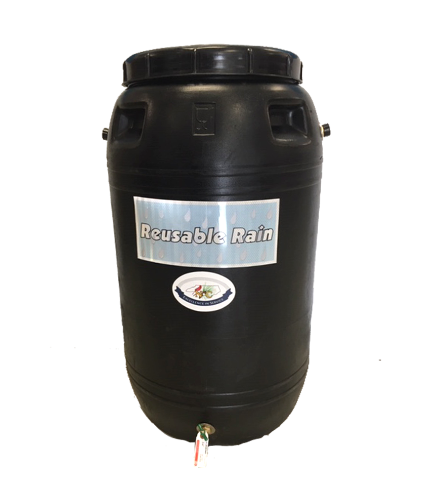 Black plastic reusable rain barrel.